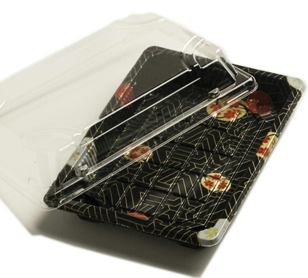 HACCP PPの食糧サービングはカバーが付いているテイクアウトの黒いプラスチック寿司の皿に用具を使う